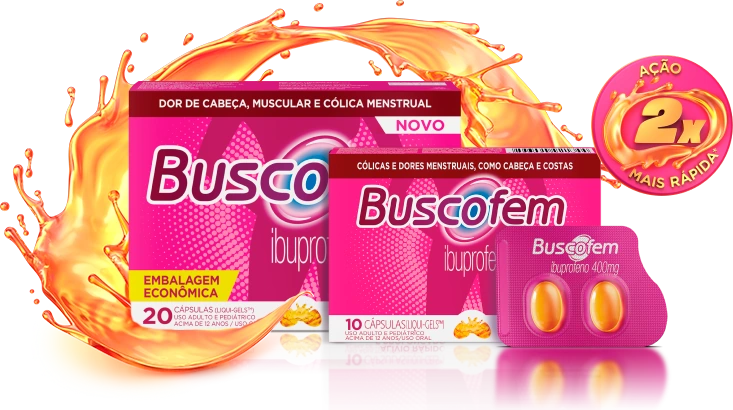 Embalagens dos produtos de Buscofem em cápsulas Liqui-gels.